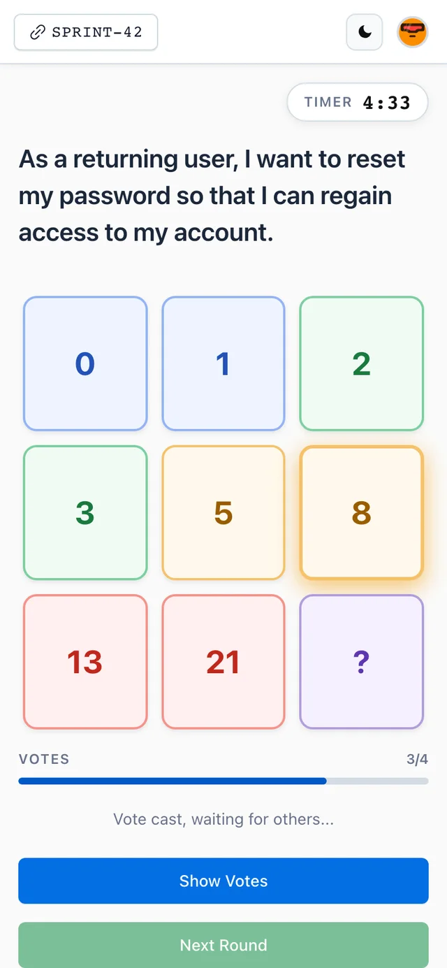 Voting from a phone - cards, timer, and progress on any device